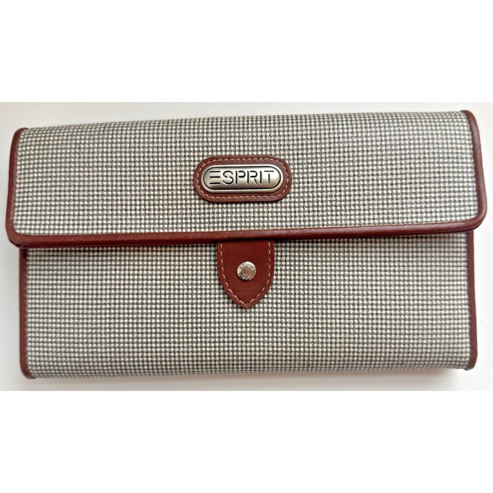Espirit Wallet Green/White‎ Plaid Brown Vegan Leather 11 Card Slots Organizer